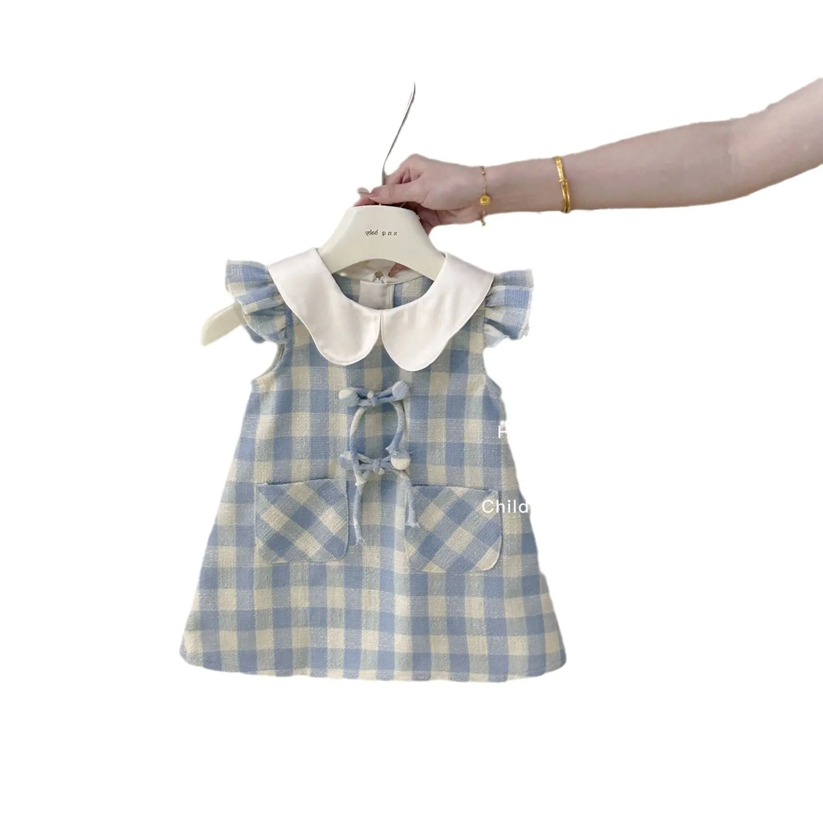 Summer Chic French Dress for Girls Blue Plaid Sundress Sweet Princess Style Kids' Clothing