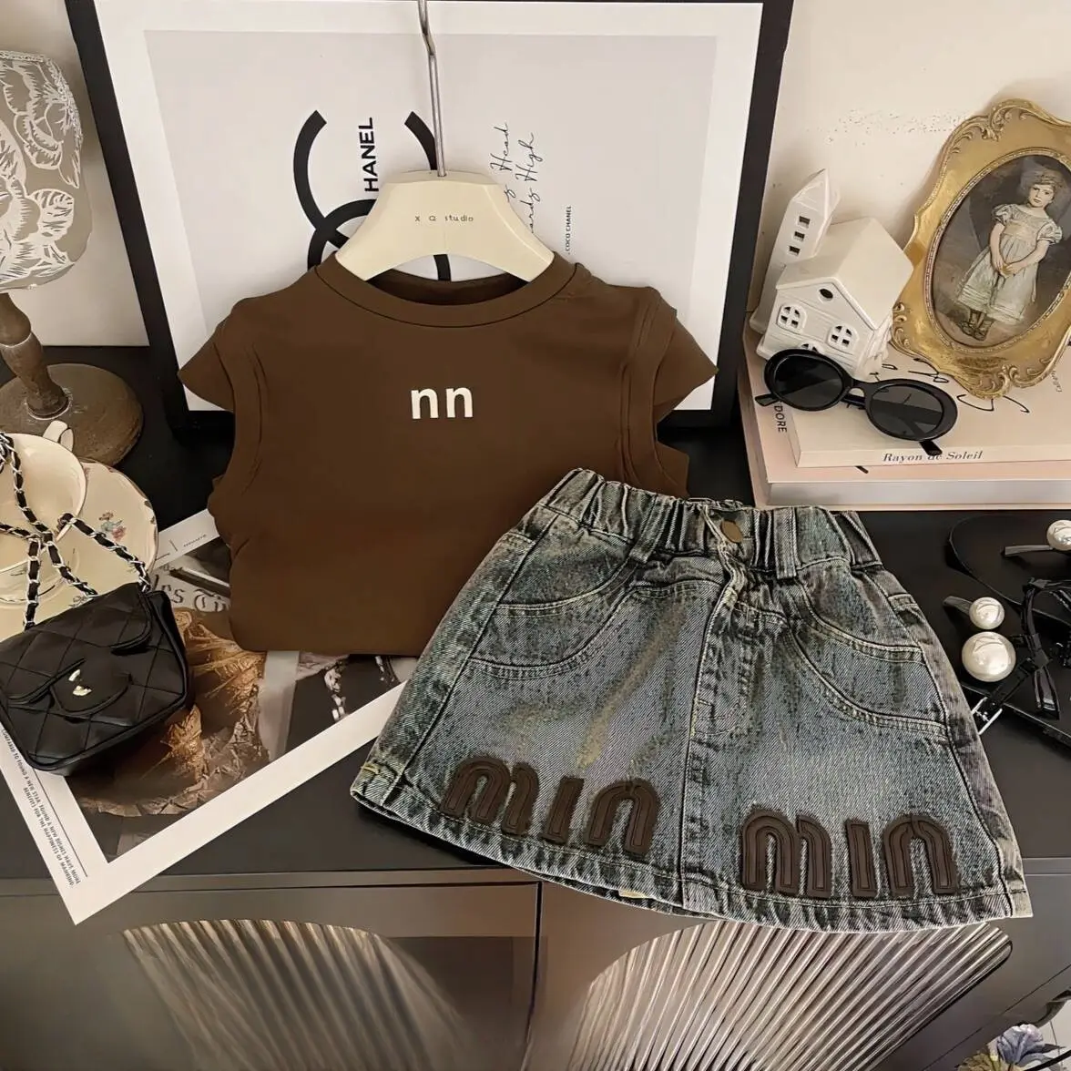 Girl's Sets Children Kids Infants Baby Summer Letter Vest +Denim Skirt 2Pcs Suit