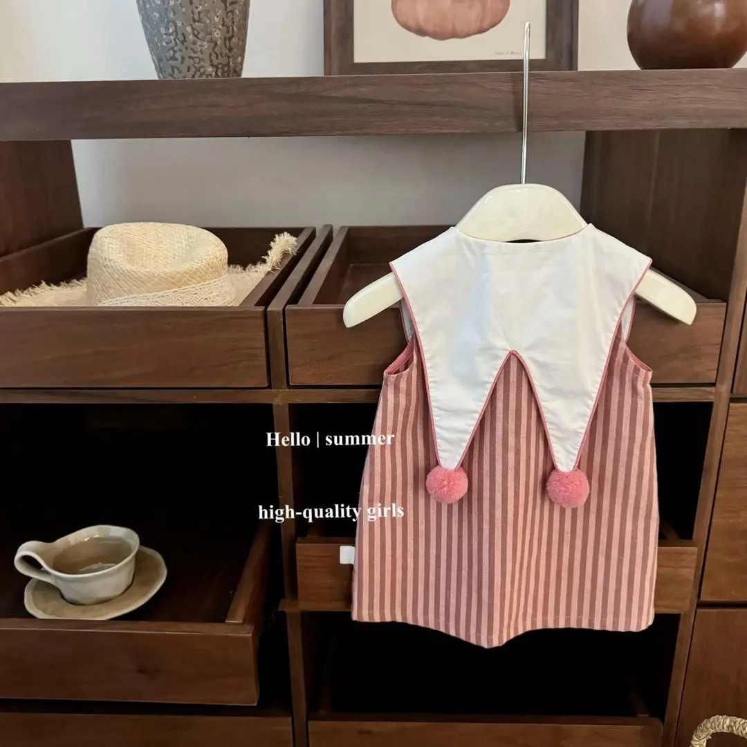 Baby Girls Sleeveless Striped Dress Lapel Cute round Ball Summer New College Style