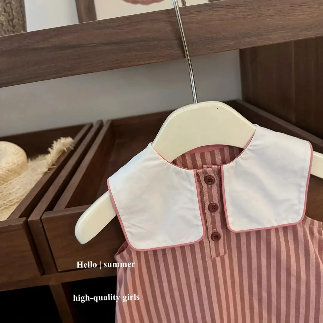 Baby Girls Sleeveless Striped Dress Lapel Cute round Ball Summer New College Style