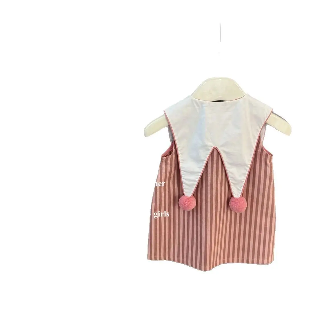 Baby Girls Sleeveless Striped Dress Lapel Cute round Ball Summer New College Style