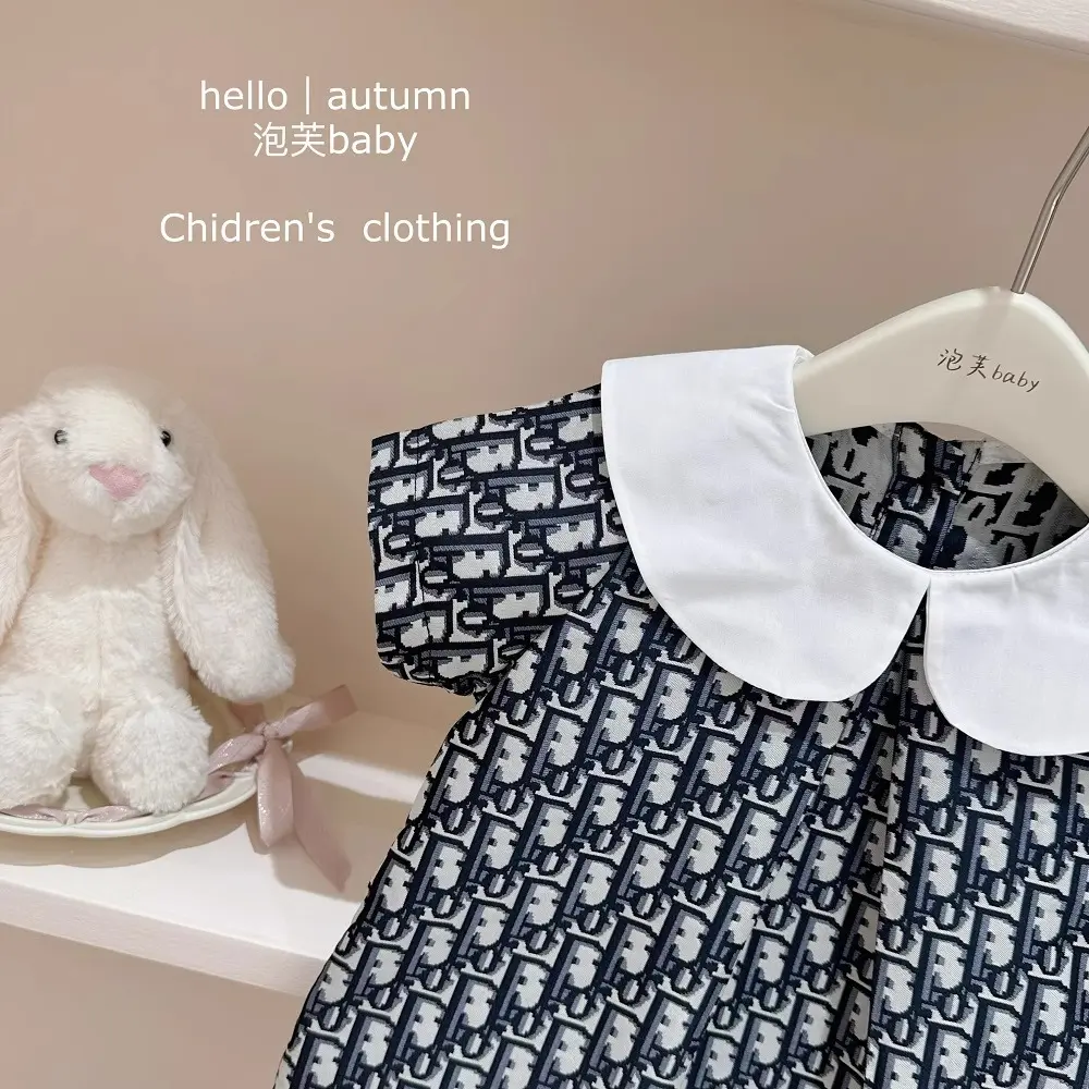 Girls Cute Summer Skirt with Doll Collar Jacquard Lapel Children's Dress Fashionable And Stylish Girls' Clothing