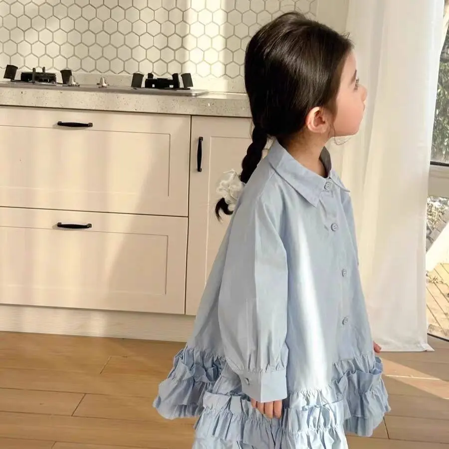 Girls Pleated Princess Shirt Dress Sweet Lapel Children's Fashion Spring New Autumn Kids