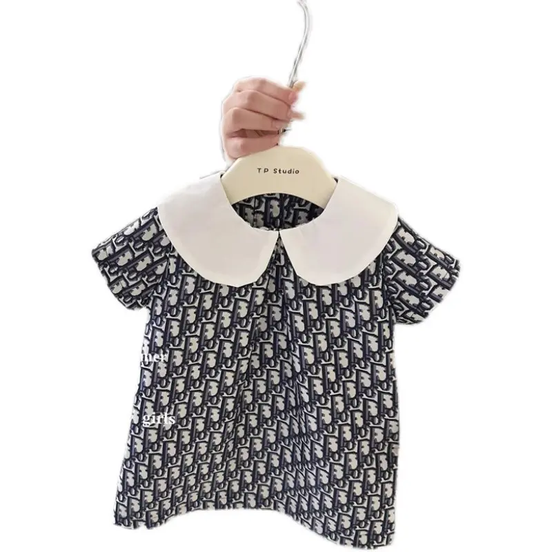 Girls Cute Summer Skirt with Doll Collar Jacquard Lapel Children's Dress Fashionable And Stylish Girls' Clothing