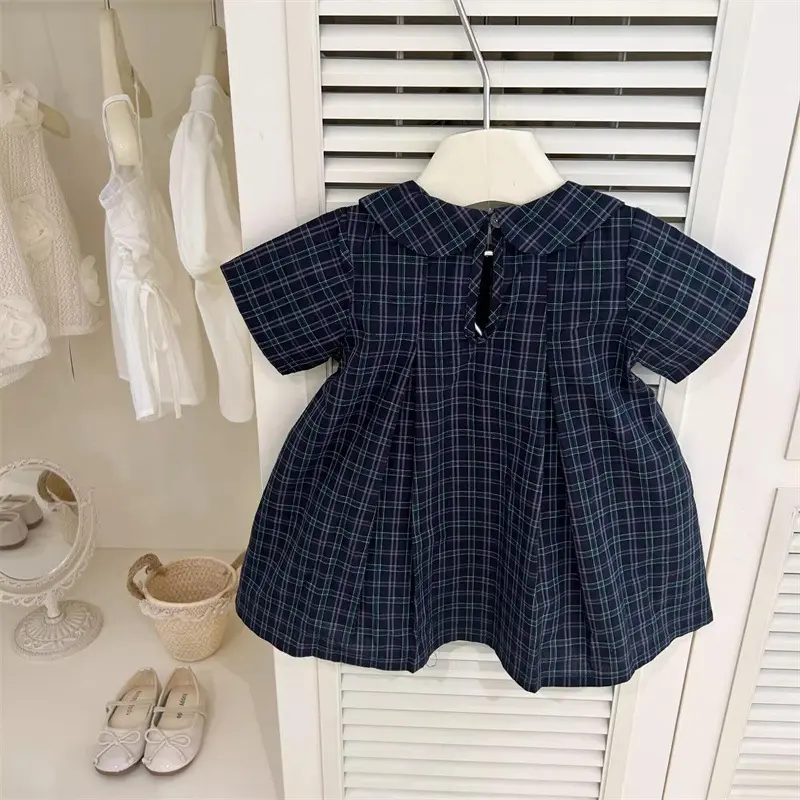 Summer Plaid Princess Dress for Girls Fashion Bow Doll Collar Baby Style Clothing Child