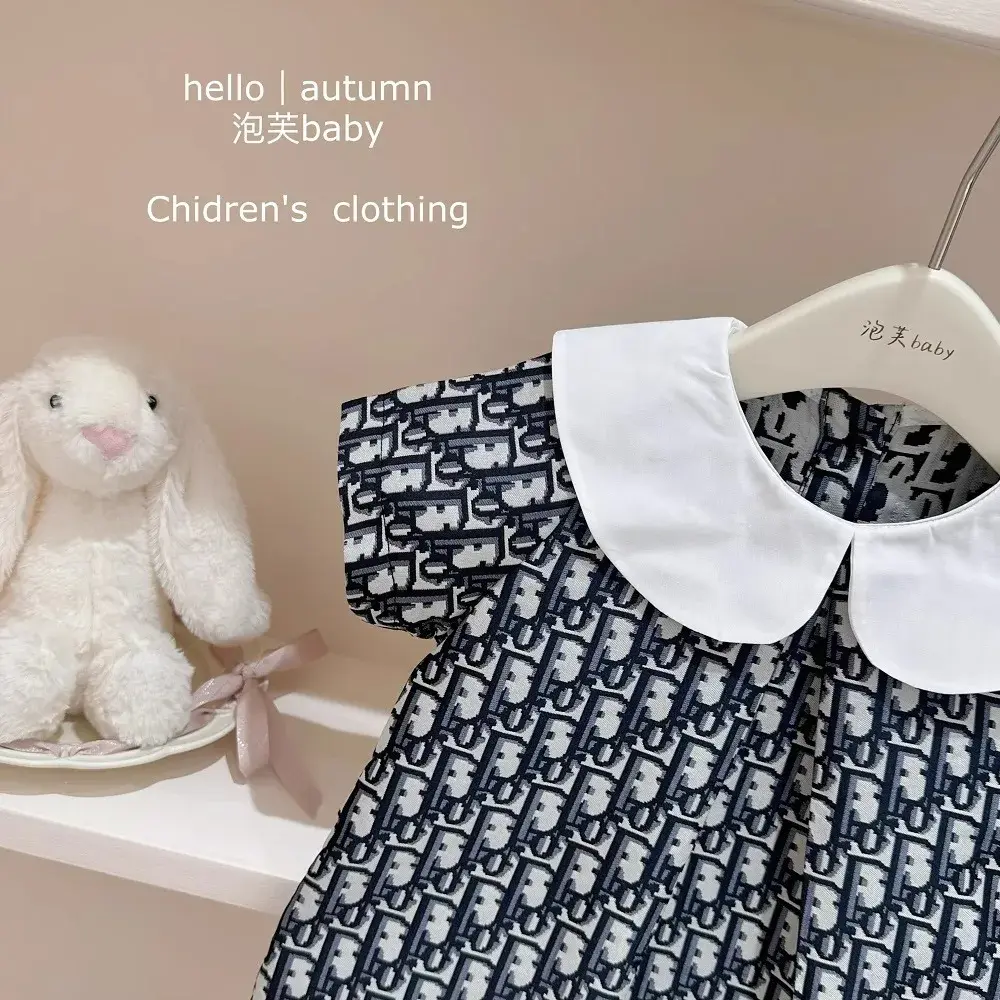 Girls Cute Summer Skirt with Doll Collar Jacquard Lapel Children's Dress Fashionable And Stylish Girls' Clothing