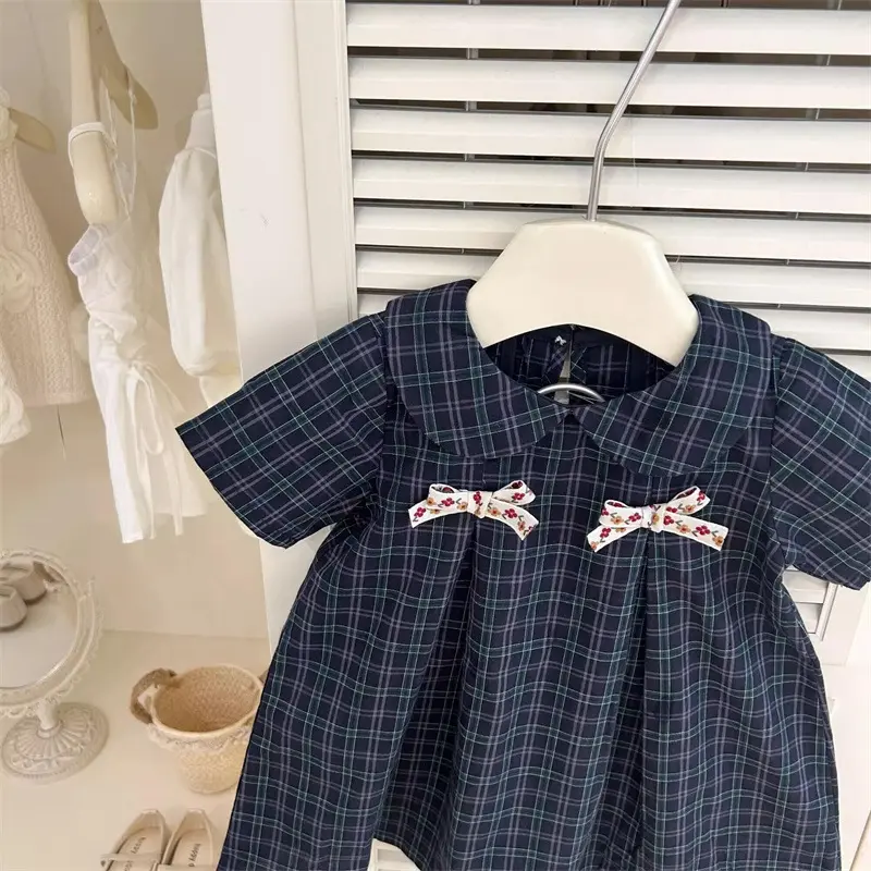Summer Plaid Princess Dress for Girls Fashion Bow Doll Collar Baby Style Clothing Child
