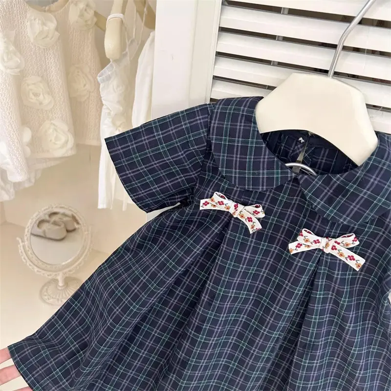 Summer Plaid Princess Dress for Girls Fashion Bow Doll Collar Baby Style Clothing Child