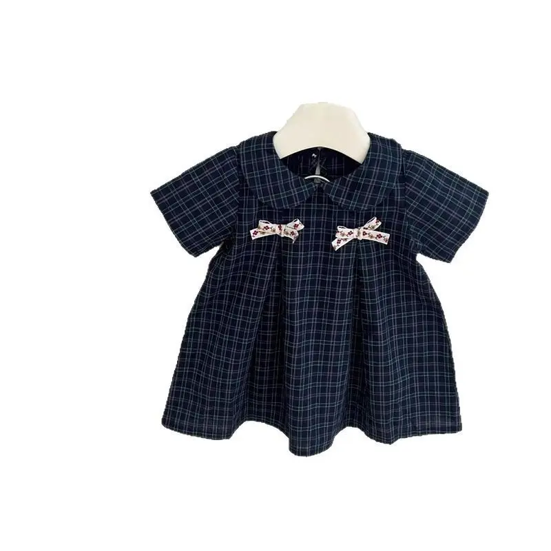 Summer Plaid Princess Dress for Girls Fashion Bow Doll Collar Baby Style Clothing Child