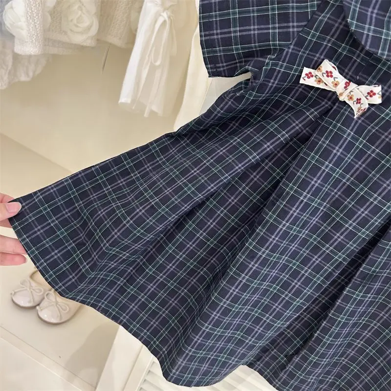 Summer Plaid Princess Dress for Girls Fashion Bow Doll Collar Baby Style Clothing Child