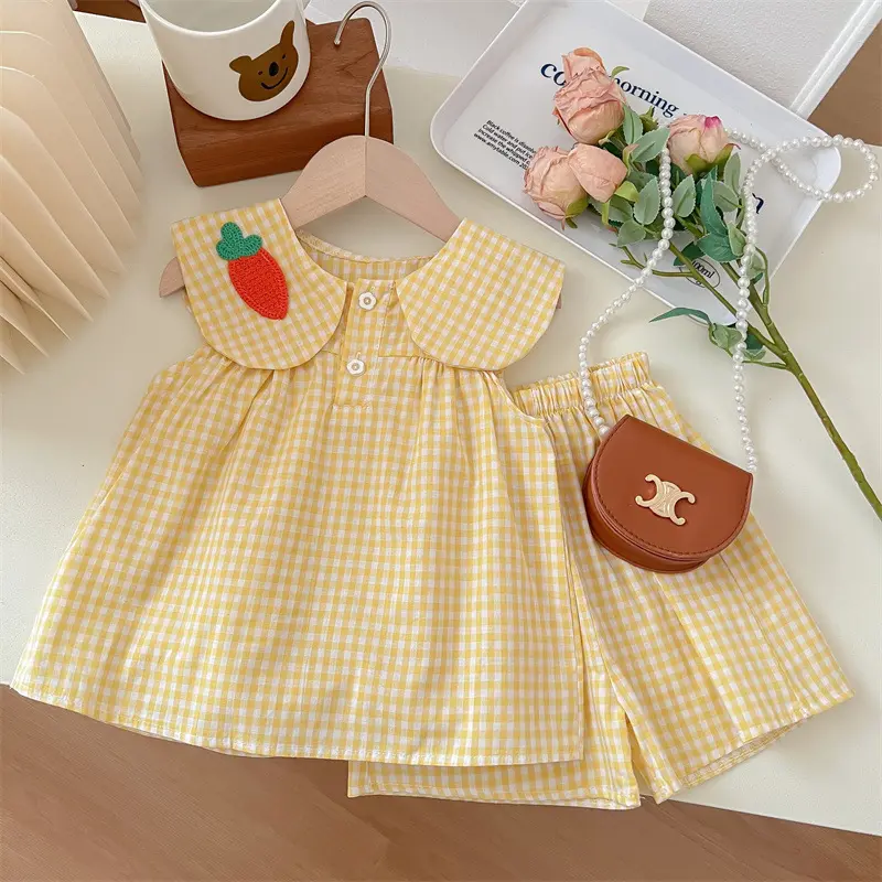 Cute Fruit Cotton Summer Clothing Set for Girls - Plaid Sweet Princess 2-Piece Suit Children's Wear Baby Infants Outfit