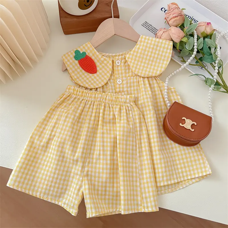 Cute Fruit Cotton Summer Clothing Set for Girls - Plaid Sweet Princess 2-Piece Suit Children's Wear Baby Infants Outfit