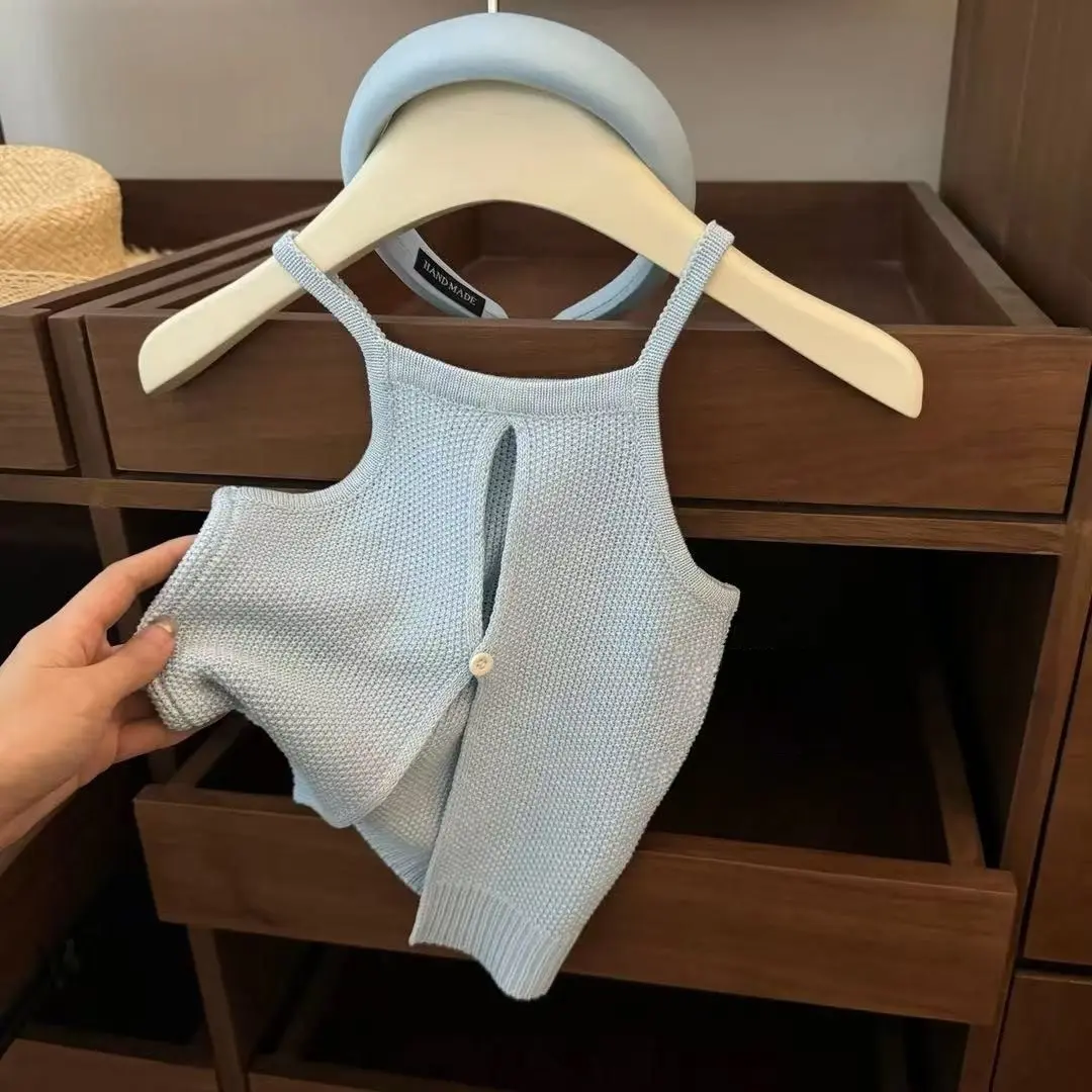 Stylish Baby Girl Two-Piece Set Hollow Knitted Halter Top And Baggy Pants Outfit for Infants