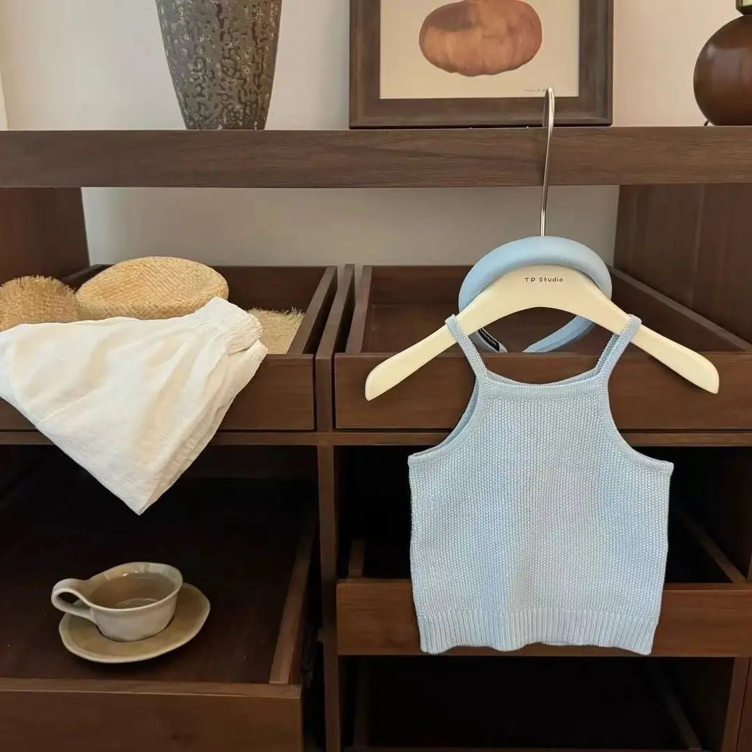 Stylish Baby Girl Two-Piece Set Hollow Knitted Halter Top And Baggy Pants Outfit for Infants