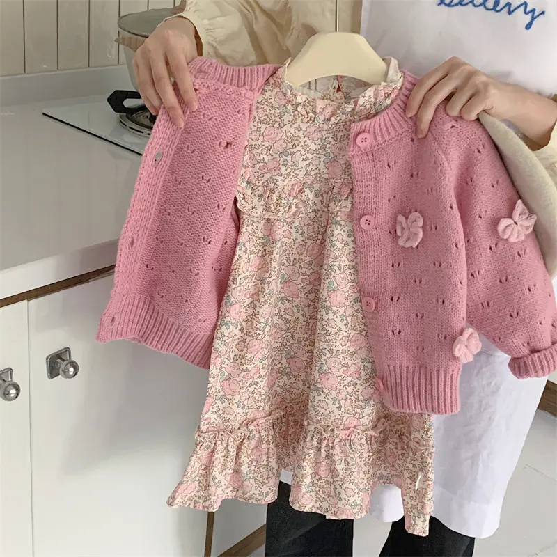 Girls Floral Set Infant Baby 2Pcs Autumn Outfit with Knit Cardigan Bow Sweater And Princess Dress Children Kids Sweet Style