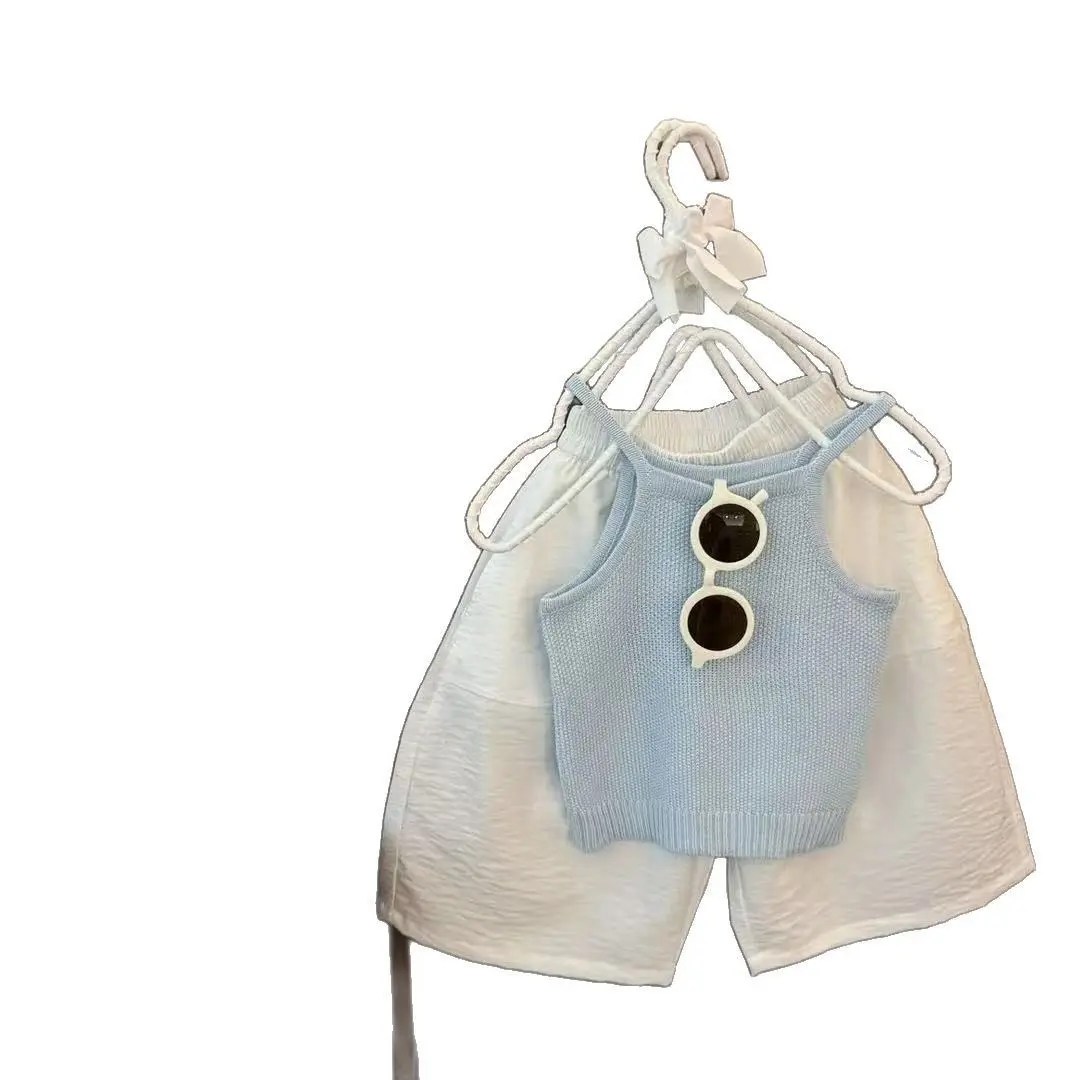 Stylish Baby Girl Two-Piece Set Hollow Knitted Halter Top And Baggy Pants Outfit for Infants