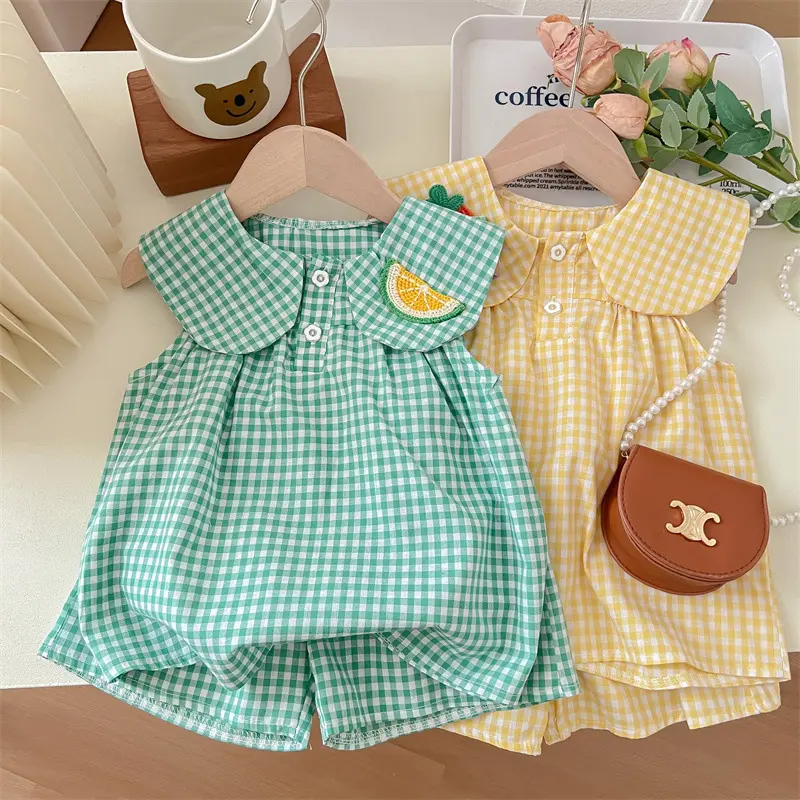 Cute Fruit Cotton Summer Clothing Set for Girls - Plaid Sweet Princess 2-Piece Suit Children's Wear Baby Infants Outfit