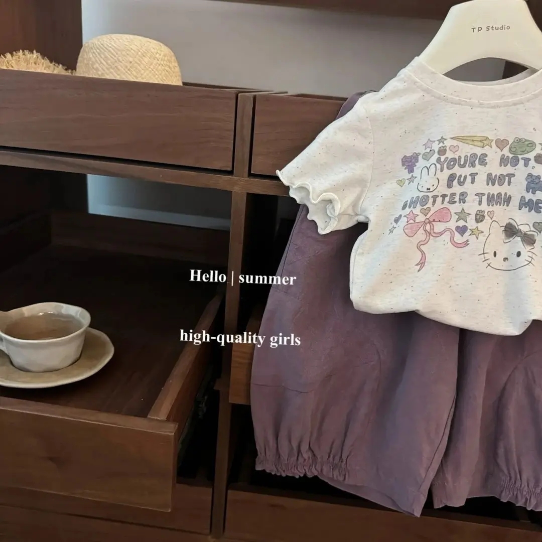 Cartoon Cute Baby Girl's Two-Piece Set Short-Sleeved T-Shirt And Loose Lantern Pants Outfit for Infants