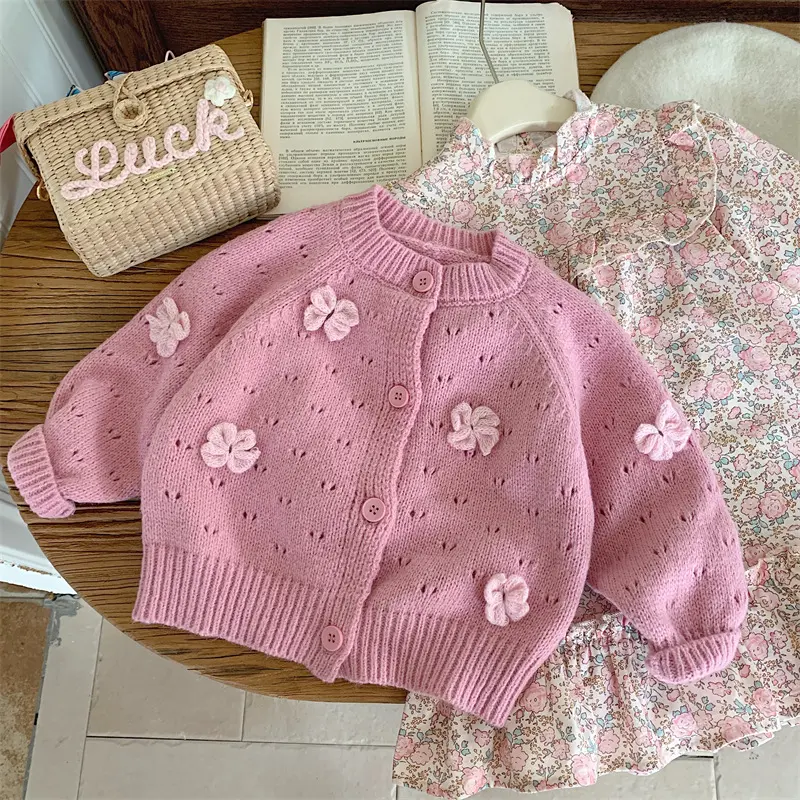Girls Floral Set Infant Baby 2Pcs Autumn Outfit with Knit Cardigan Bow Sweater And Princess Dress Children Kids Sweet Style