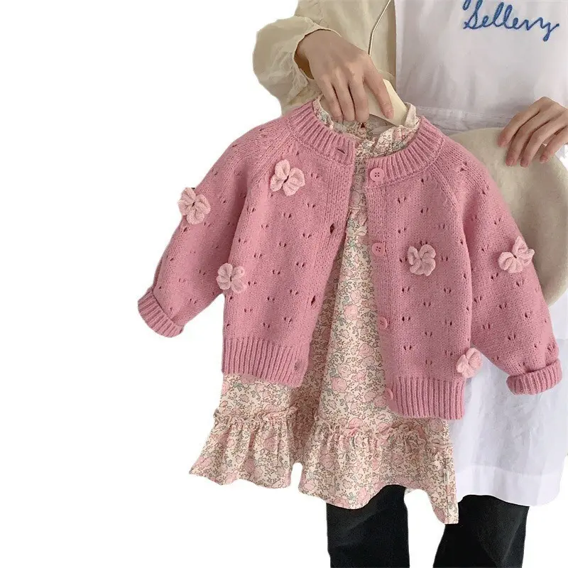 Girls Floral Set Infant Baby 2Pcs Autumn Outfit with Knit Cardigan Bow Sweater And Princess Dress Children Kids Sweet Style