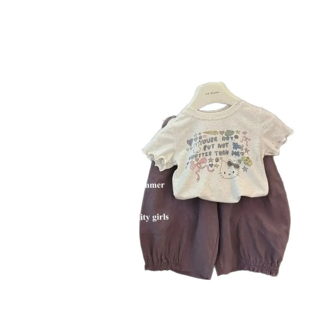 Cartoon Cute Baby Girl's Two-Piece Set Short-Sleeved T-Shirt And Loose Lantern Pants Outfit for Infants
