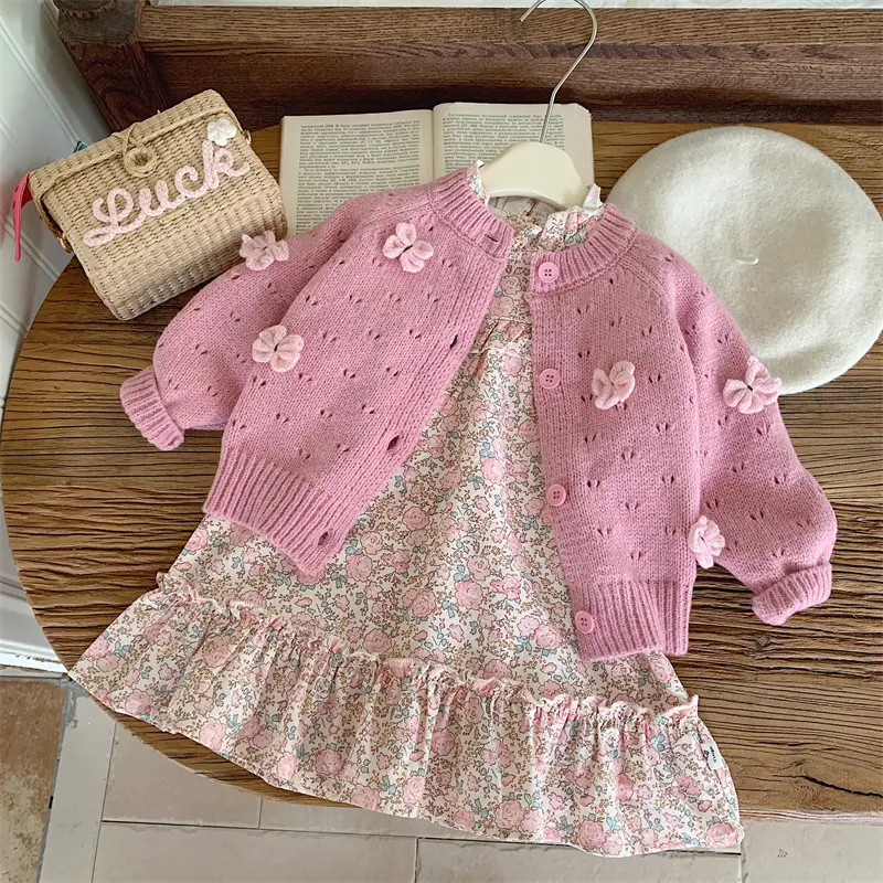 Girls Floral Set Infant Baby 2Pcs Autumn Outfit with Knit Cardigan Bow Sweater And Princess Dress Children Kids Sweet Style