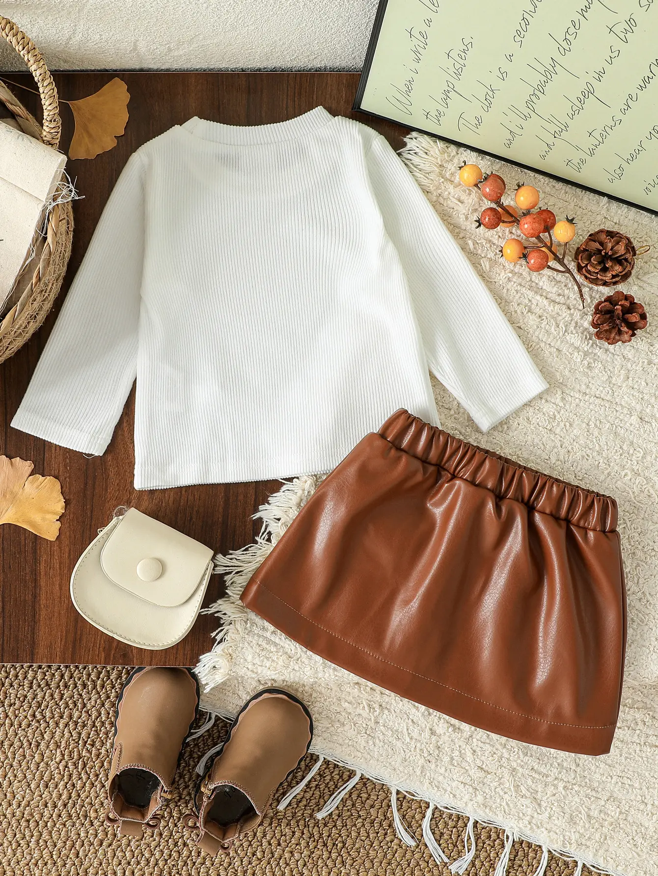 2025 Autumn Fashion Baby Girl Clothes Sets Elegant Princess Kids Tops With Long Sleeve T-shirt +PU Skirts Suits 2Pcs