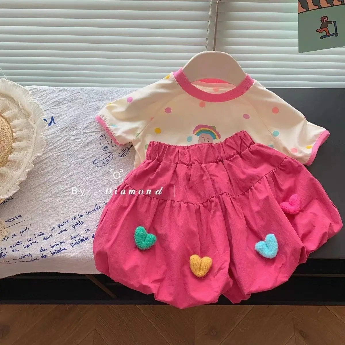 Summer Outfit for Girls Polka Dot Short-Sleeve T-Shirt And Flower Bud Skirt Set Baby Children's Fashionable Clothing