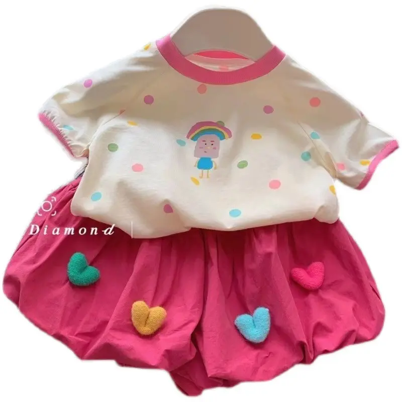 Summer Outfit for Girls Polka Dot Short-Sleeve T-Shirt And Flower Bud Skirt Set Baby Children's Fashionable Clothing