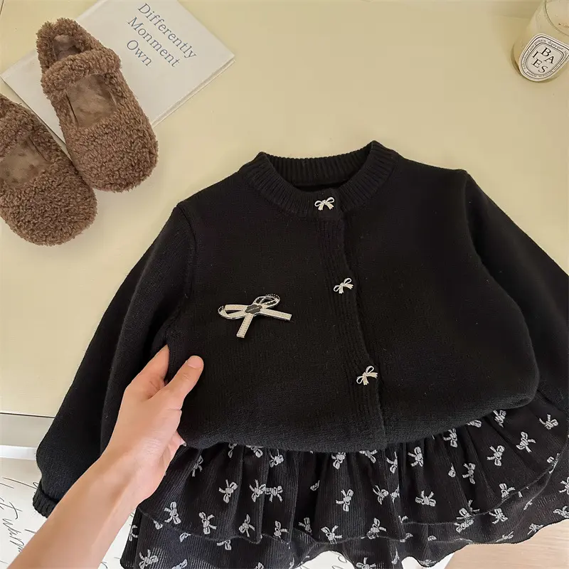 Girl's Sweet Princess Sets Children Spring Autumn Baby Infants Knitting Sweater Cardigan+Bow Skirt 2Pcs Suit