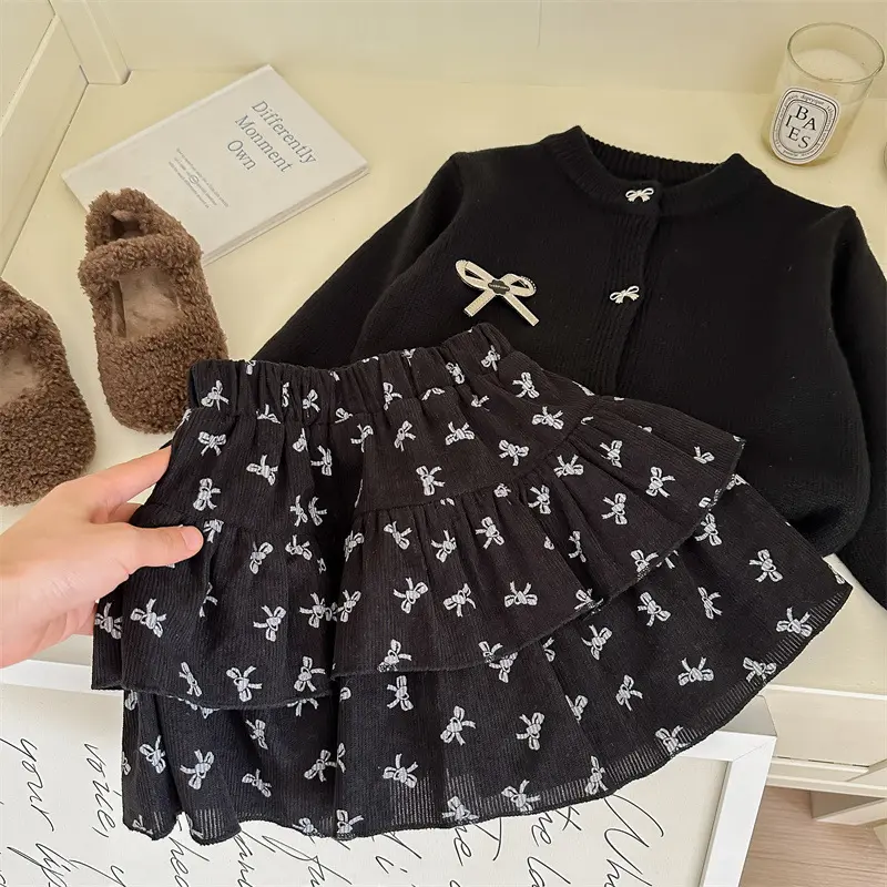 Girl's Sweet Princess Sets Children Spring Autumn Baby Infants Knitting Sweater Cardigan+Bow Skirt 2Pcs Suit