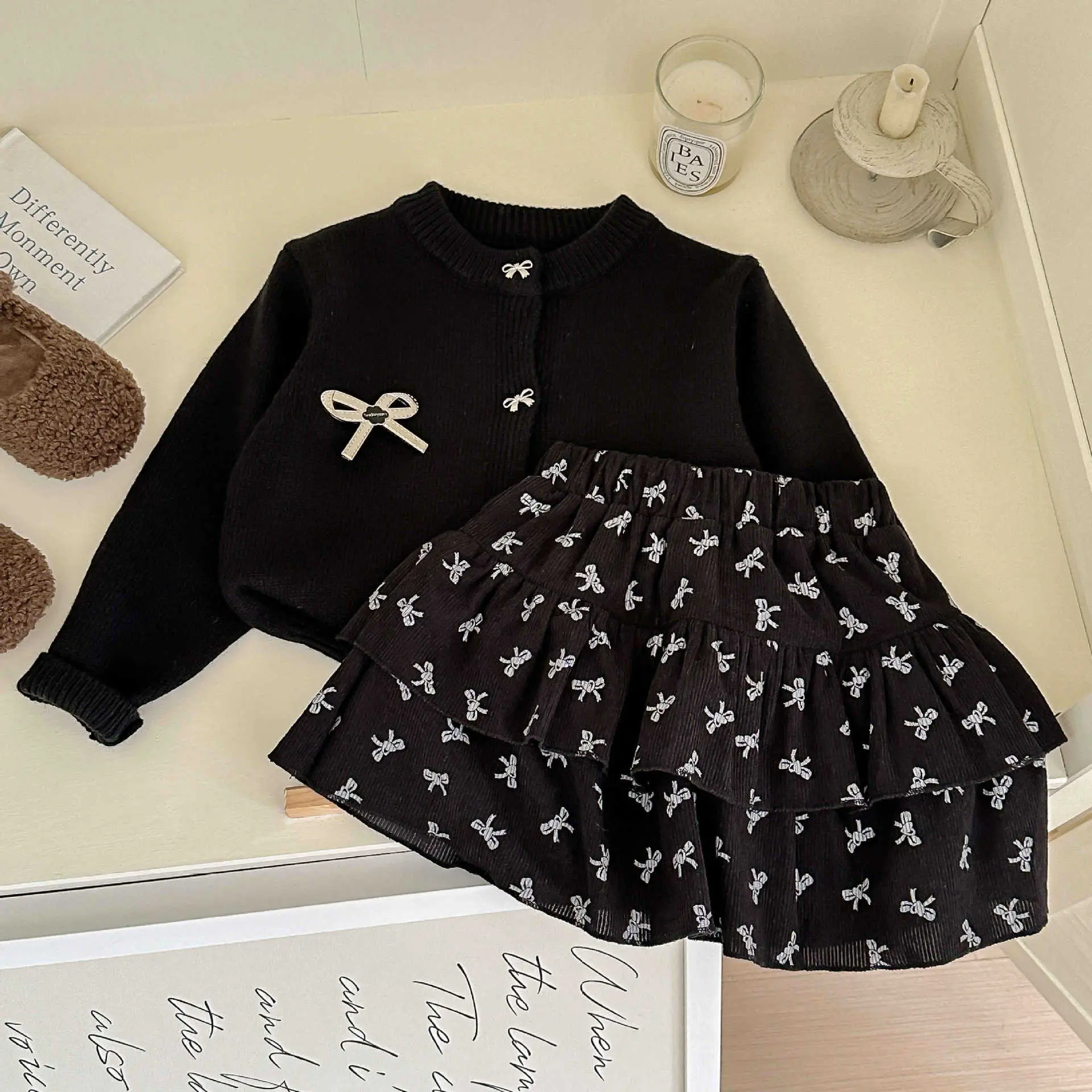 Girl's Sweet Princess Sets Children Spring Autumn Baby Infants Knitting Sweater Cardigan+Bow Skirt 2Pcs Suit