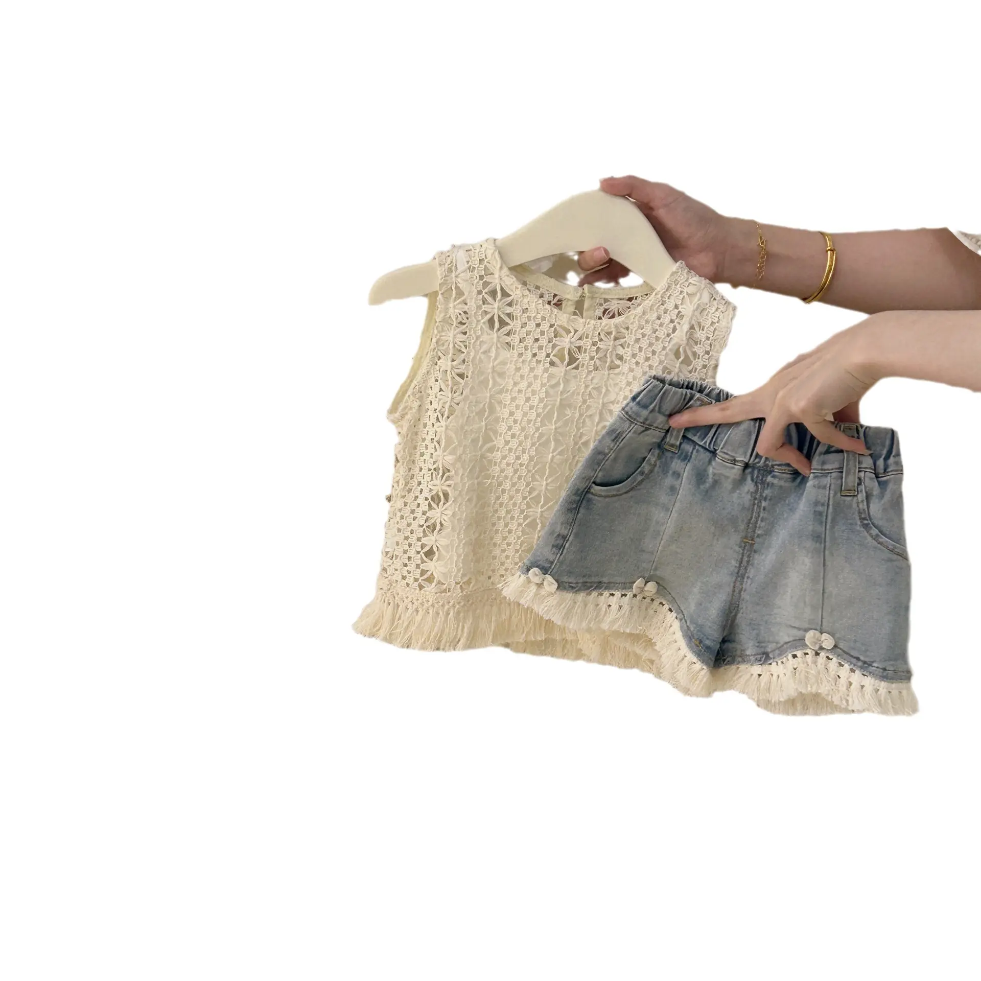 Girls Lace Princess Suit Hollow Vest Top Jeans Two-Piece Set Summer New Child Female Treasure Outfit for Kids