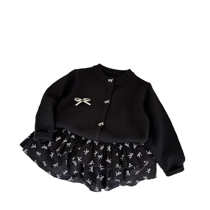 Girl's Sweet Princess Sets Children Spring Autumn Baby Infants Knitting Sweater Cardigan+Bow Skirt 2Pcs Suit