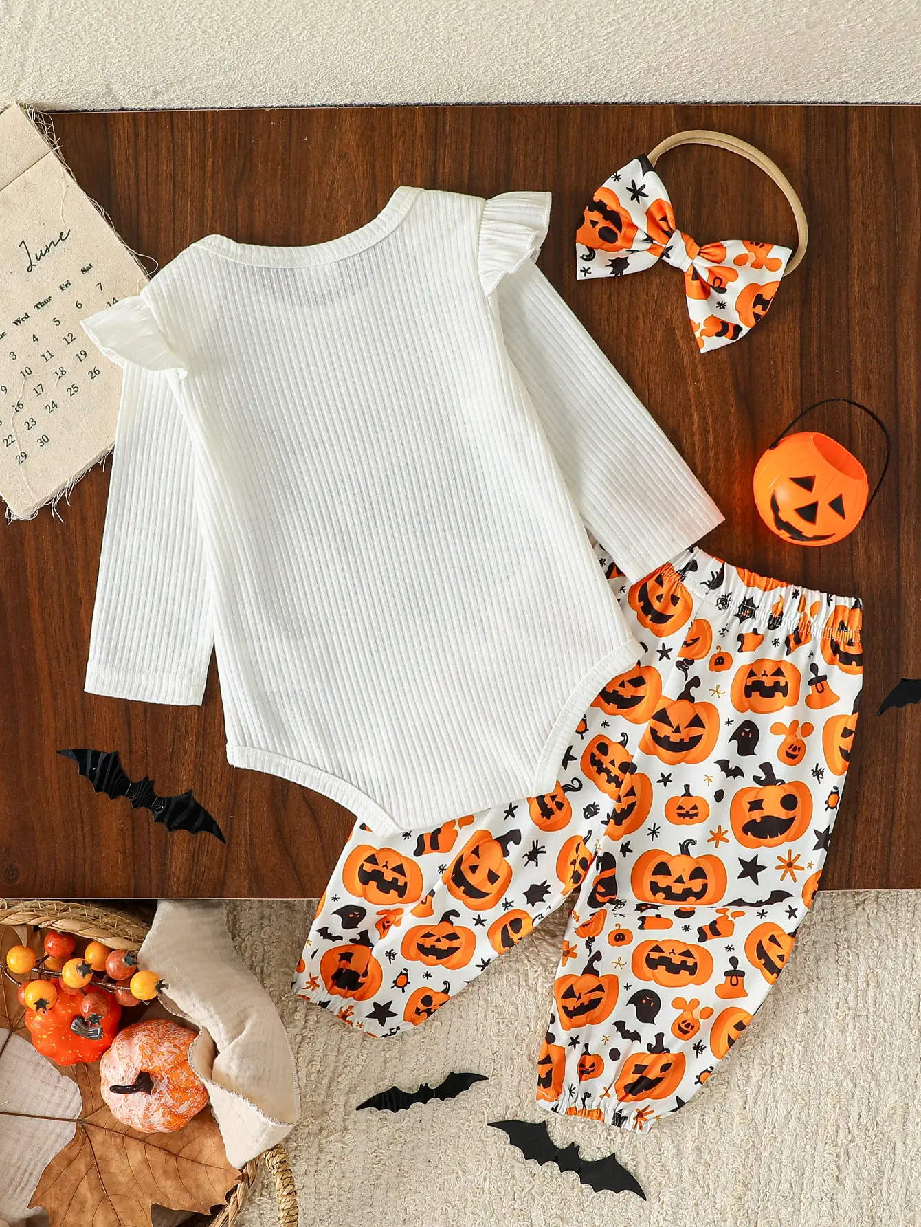 Baby Girls 2Pcs Fall/Autumn Long Sleeve Print Letter Romper &Halloween Outfits Pumpkin Pant For 0-1Y  Sets +Headband