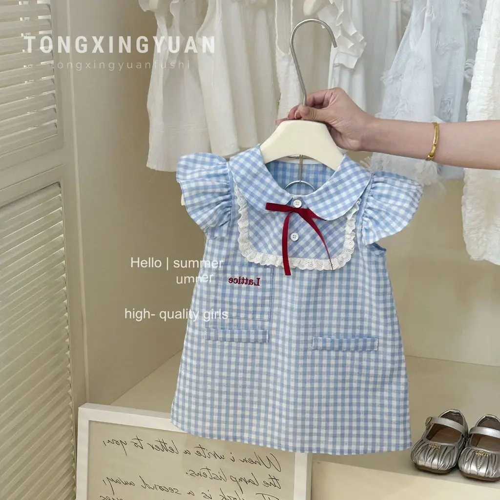 Girl's College Bow Dress Summer Children Infants Kids Baby Blue Checkered Flying Sleeve Baby Lace Doll Dress