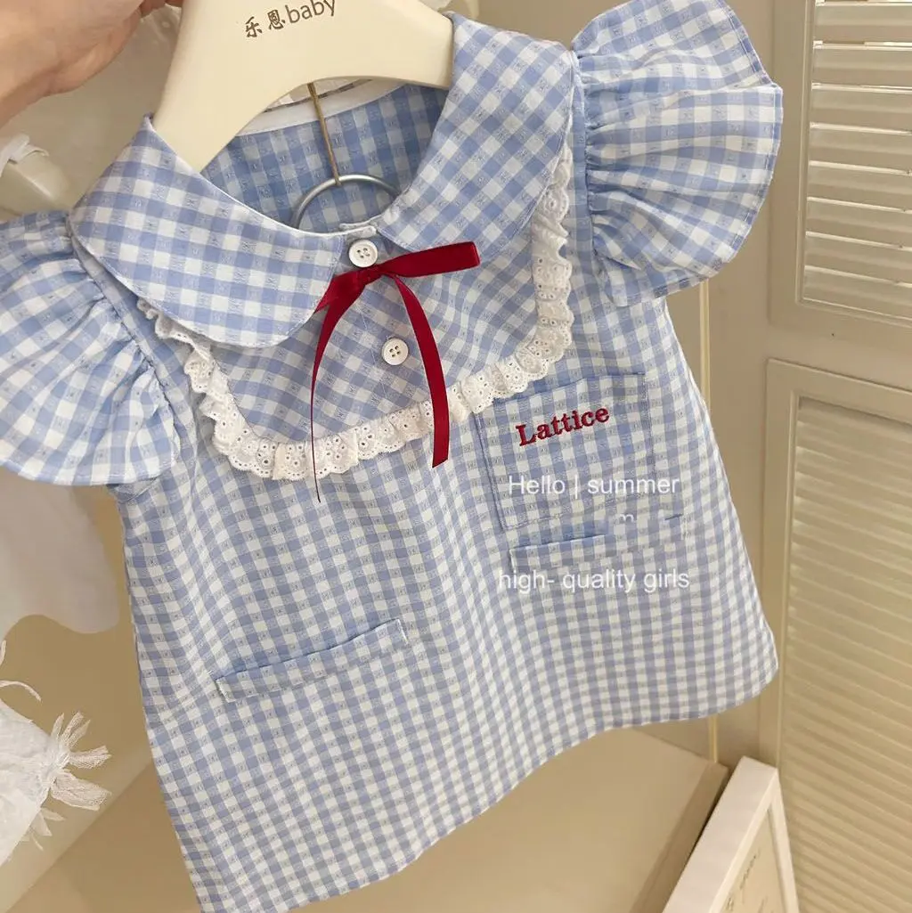 Girl's College Bow Dress Summer Children Infants Kids Baby Blue Checkered Flying Sleeve Baby Lace Doll Dress