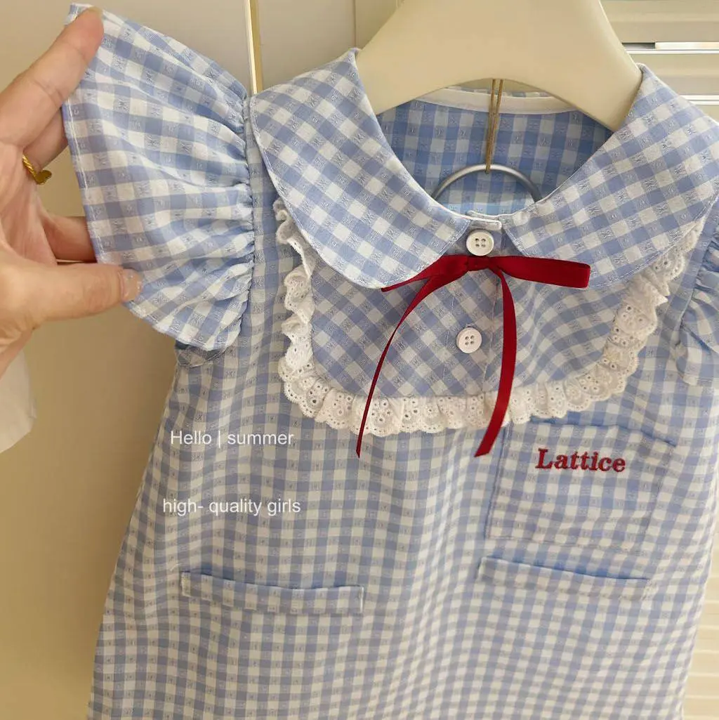Girl's College Bow Dress Summer Children Infants Kids Baby Blue Checkered Flying Sleeve Baby Lace Doll Dress