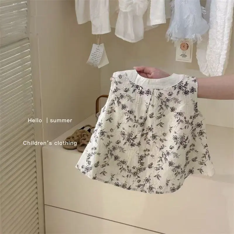 Girls Retro Cotton Linen Vest Set Summer New Style Children Doll Shirt Wide-Leg Pants Two-Piece Outfit Kids