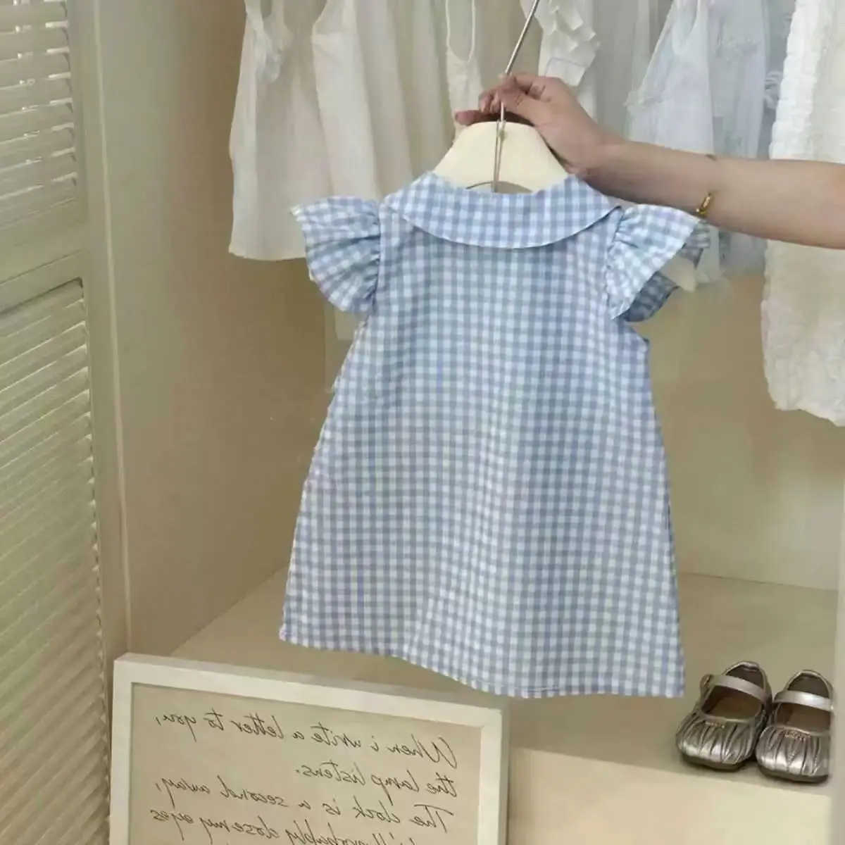 Girl's College Bow Dress Summer Children Infants Kids Baby Blue Checkered Flying Sleeve Baby Lace Doll Dress