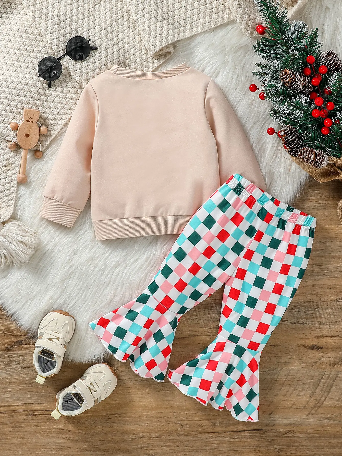 2Pcs Baby Girls Autumn Long Sleeve Print Letter Sweatshirt +Plaid Flared Pants For 6M-3Y Casual Outfits Clothing