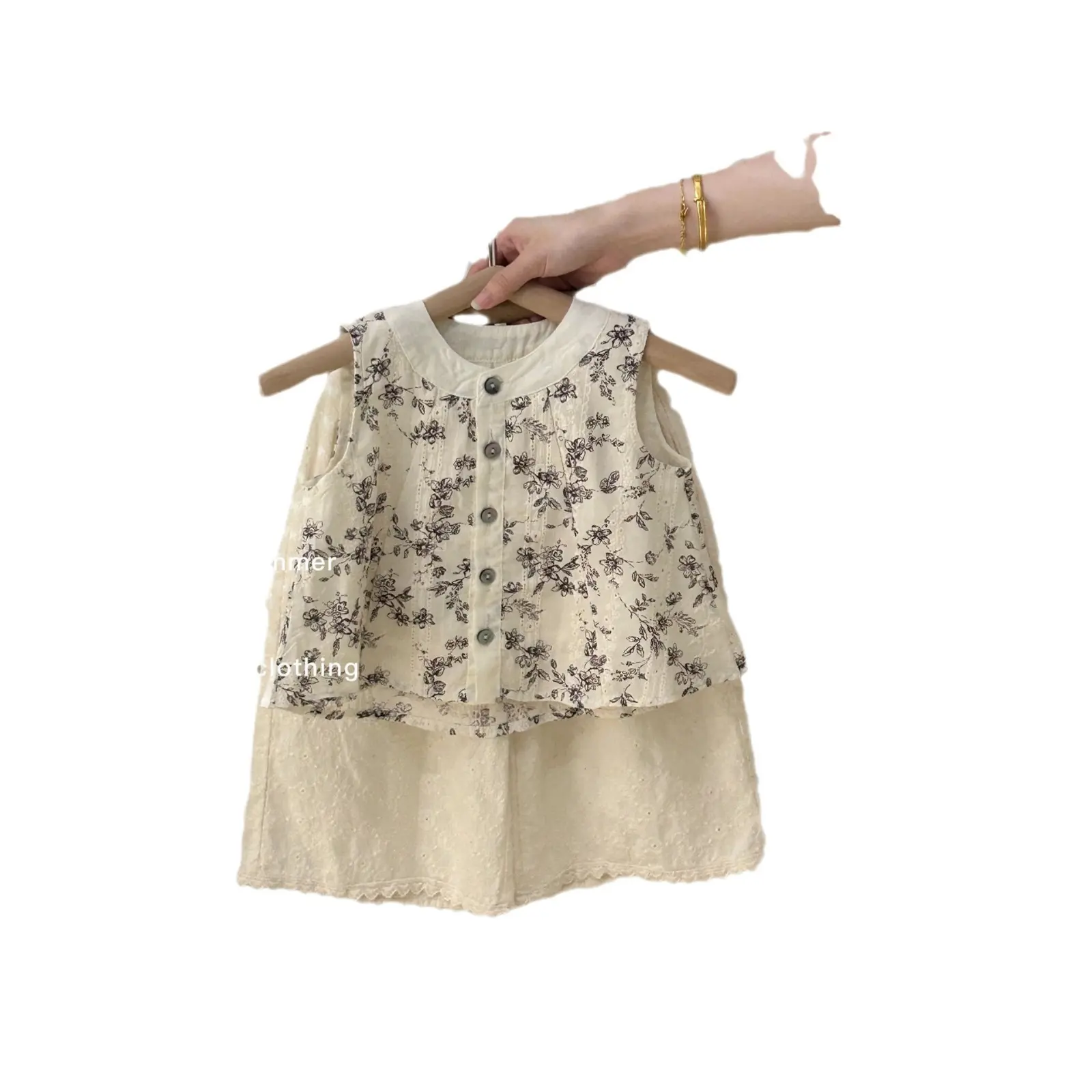 Girls Retro Cotton Linen Vest Set Summer New Style Children Doll Shirt Wide-Leg Pants Two-Piece Outfit Kids