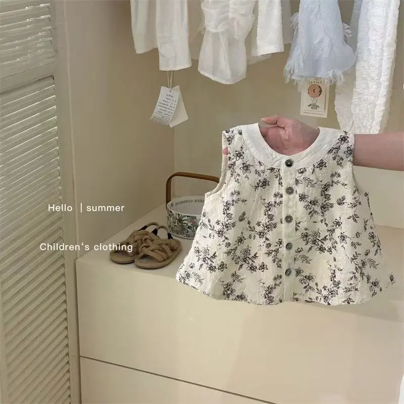 Girls Retro Cotton Linen Vest Set Summer New Style Children Doll Shirt Wide-Leg Pants Two-Piece Outfit Kids