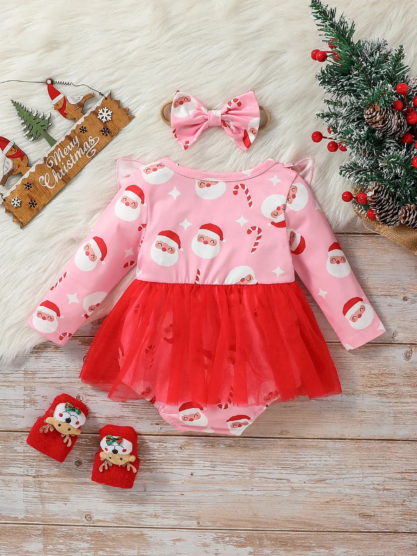 (0-1Y) 2024 New Baby Girls Long Sleeve Autumn Print Father Christmas Fashion Christmas Active Dress