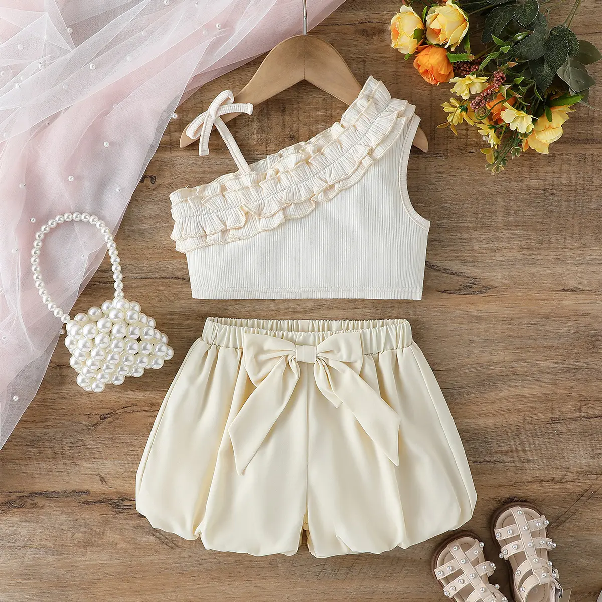 Children’s 2025 Summer New Style Girl’s Sleeveless Strap Top with Bow Short Sleeve Fashion Casual and Versatile Two-Piece Set
