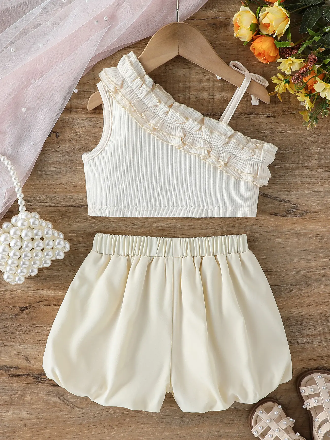 Children’s 2025 Summer New Style Girl’s Sleeveless Strap Top with Bow Short Sleeve Fashion Casual and Versatile Two-Piece Set