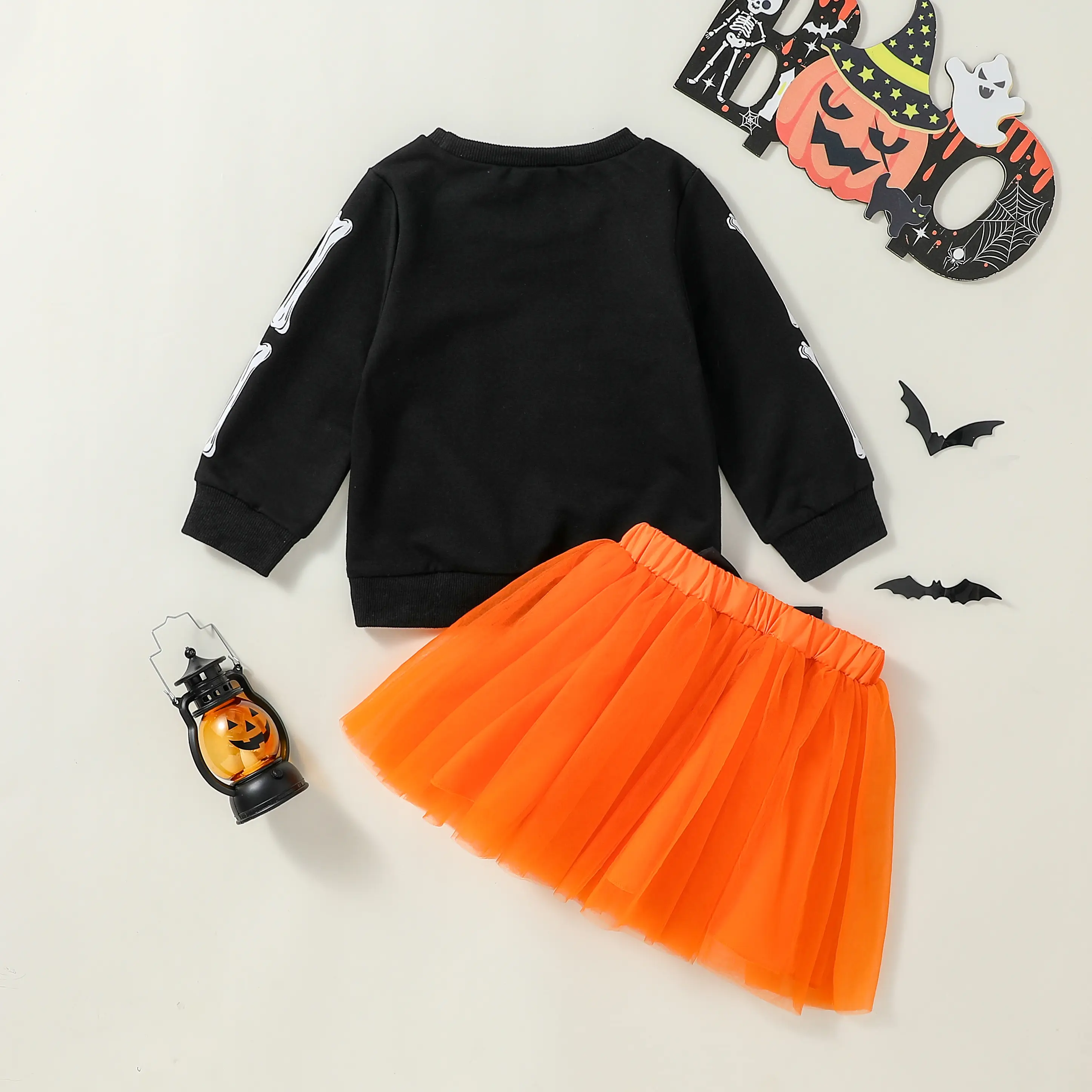 2Pcs Baby Girls Long Sleeve Antumn Skeleton Sweatshirt & Orange Shirt With Bow Fashion Shirtset 6M-3Y Clothes