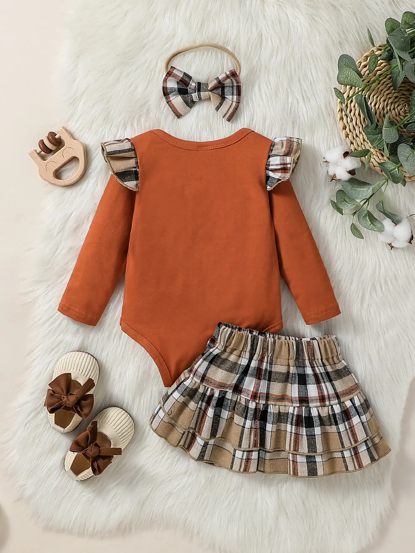 3Pcs Baby Girl's Spring/Fall Round Neck Solid Cotton Bodysuit+ Bow Plaid Skirt For Vacation Set+Headband