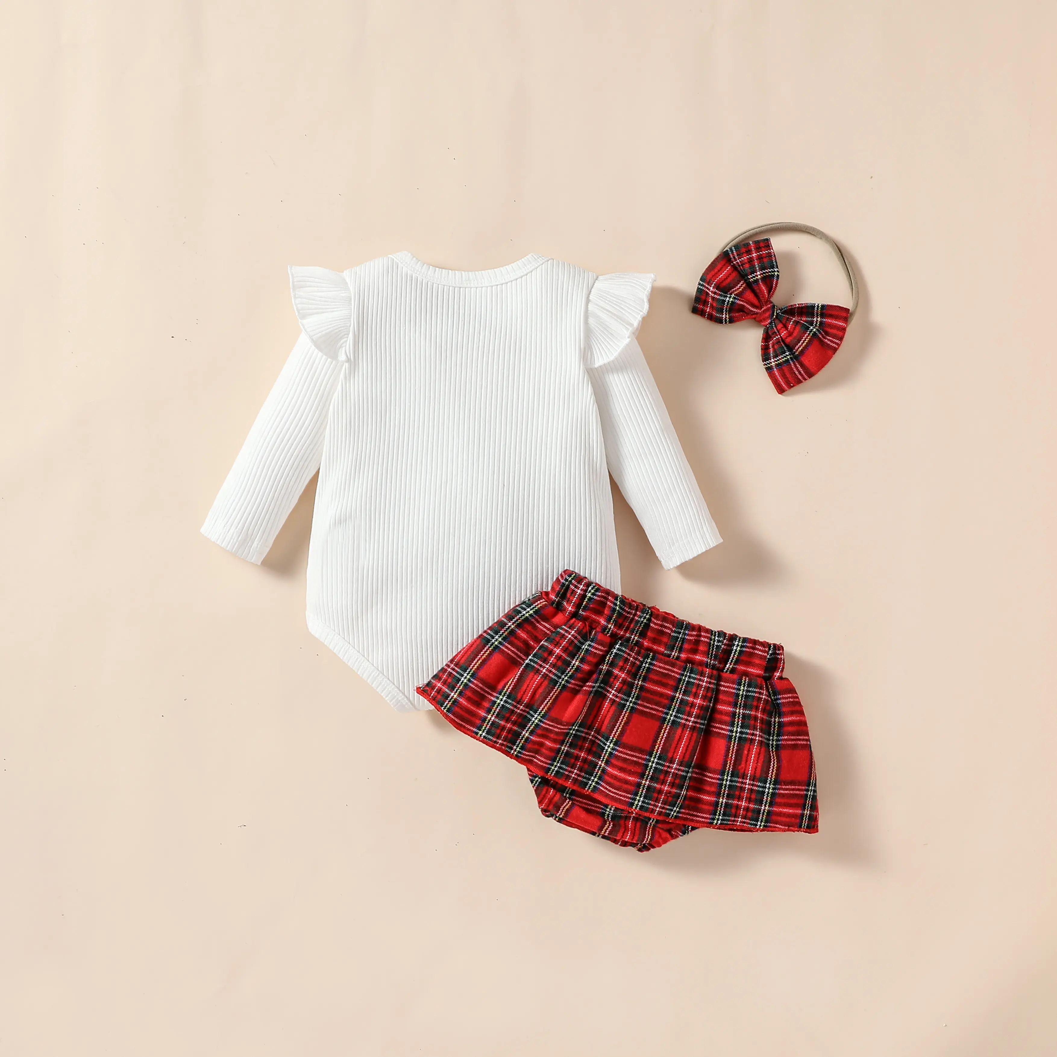 Newborn Baby girl lovely and sweet Skirtset solid color Long Sleeve top With Button plaid skirt + Headband