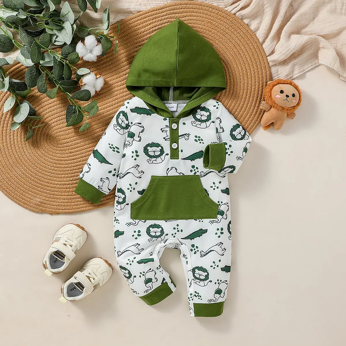 Baby Boys All Seasons Hooded Cartoon Animal Cute Jumpsuit Newborn Fashion Daily Wear